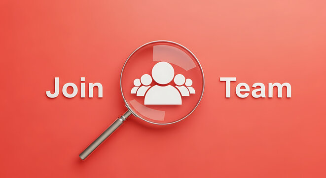Join our team concept with magnifying glass highlighting collaboration. Recruitment and hiring process illustration for business growth and workfor...