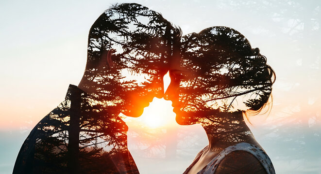 Double exposure of a couple kissing. Romantic silhouettes merged with forest nature.