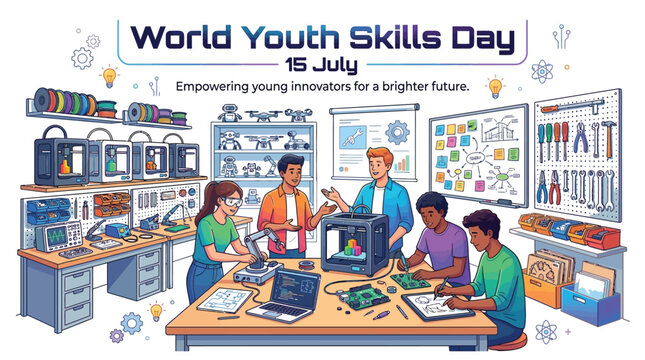 Colorful vector illustration depicting young students learning technical skills in a modern creative technology makerspace lab