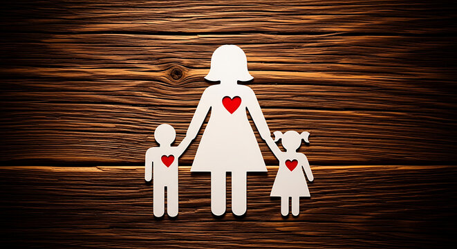 Paper cut family with hearts. Mother and children figures on rustic wooden background.
