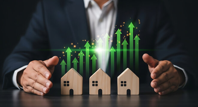 Business professional holding miniature houses with growth chart. Real estate investor analyzing property market trends with glowing data visualiza...
