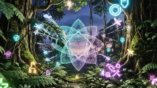 Glowing geometric patterns illuminate a mystical forest at dusk with trees flowers and vibrant lights.