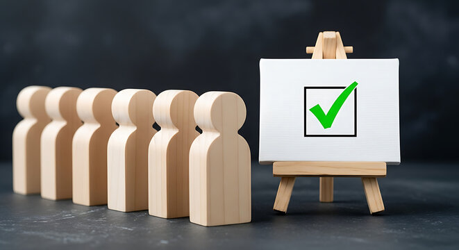 Wooden figurines choosing success path with checkmark sign. Business decision making concept with leadership and goal achievement symbols.