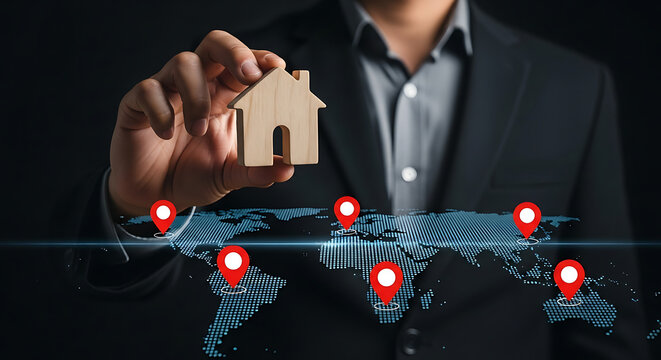 Businessman holding a wooden house model. Real estate agent planning global property investment.