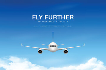 Fototapeta na wymiar Vector 3d Airplane Front View. Passenger Airplane Flying in Blue Sky. Commercial Jet Aircraft Front View Square Banner. Aviation Travel Transport Design