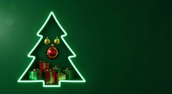 Christmas tree with glowing lights and red ornaments. Festive holiday decoration featuring illuminated neon outline and bright baubles.