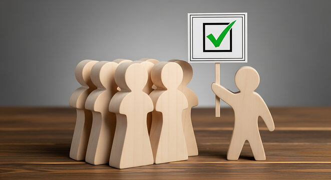 Wooden figure holding a check mark sign. Concept of voting and public opinion survey.