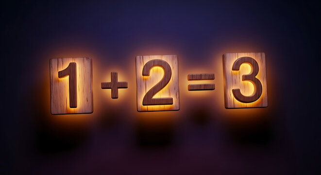 Math equation one plus two equals three. Wooden numbers with glowing backlight effect.