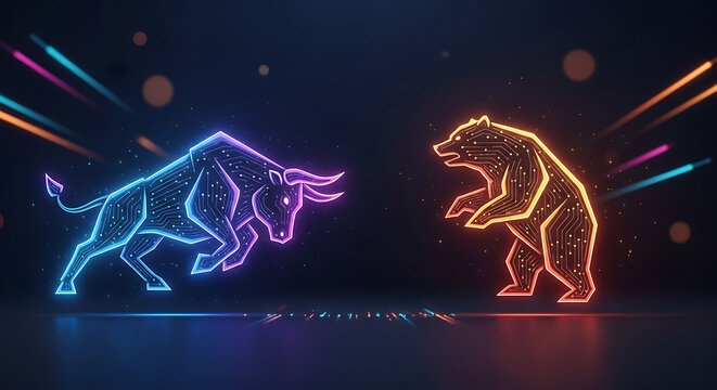 Bull and bear market concept. Financial stock trading symbols with glowing neon lines.