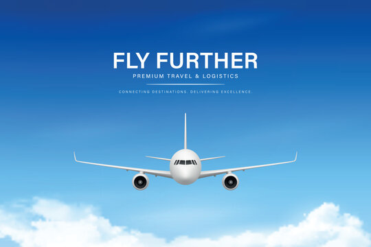 Vector 3d Airplane Front View. Passenger Airplane Flying in Blue Sky. Commercial Jet Aircraft Front View Square Banner. Aviation Travel Transport Design