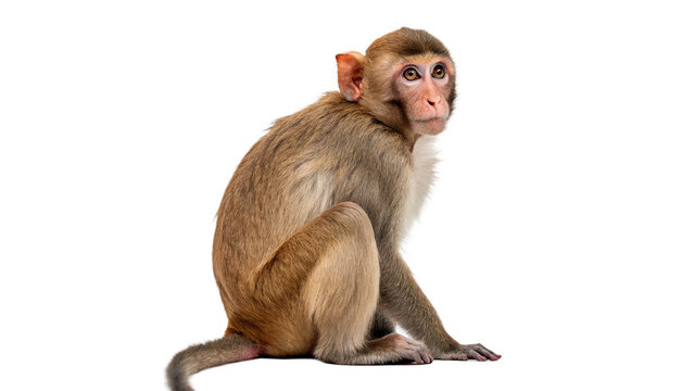 Small rhesus macaque monkey sitting looking forward curiously isolated on transparent background cut out