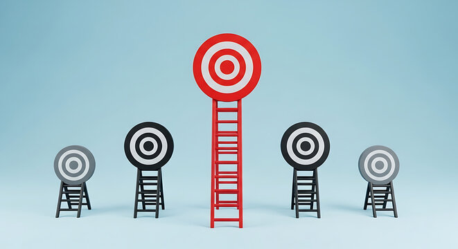 Red target on a tall ladder. Business goal achievement and strategic planning concept.
