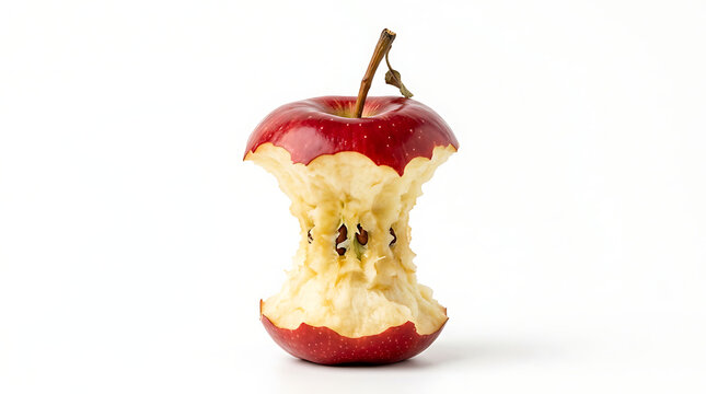 Red apple core with stem on white background fruit