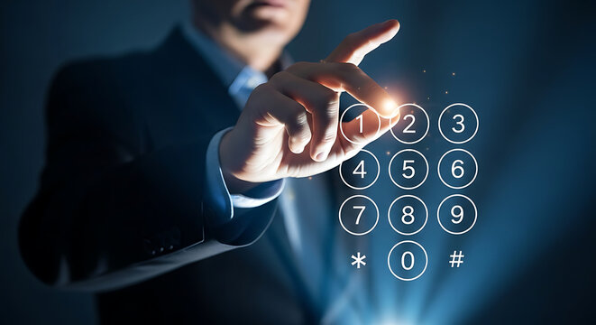 Businessman touching digital keypad interface. Secure access via virtual biometric technology.