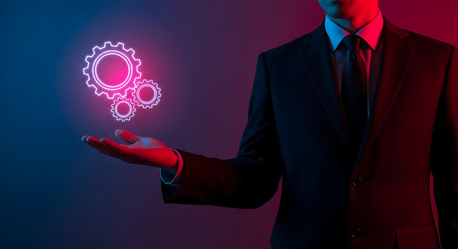 Businessman holding glowing holographic network sphere. Futuristic executive interacting with digital data interface in neon-lit office.