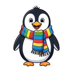 Obraz premium Happy Penguin with Scarf: A cheerful cartoon penguin, adorned with a vibrant, multi-colored striped scarf, stands with a wide, welcoming smile, ready to embrace the winter season.