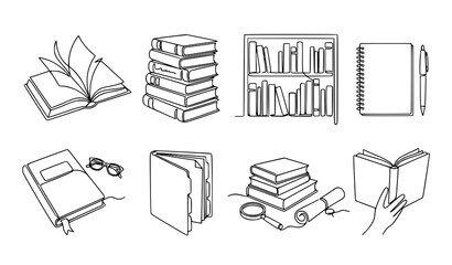 Education and library outline illustration set featuring books bookshelves notebooks reading and study materials © Crafts Home