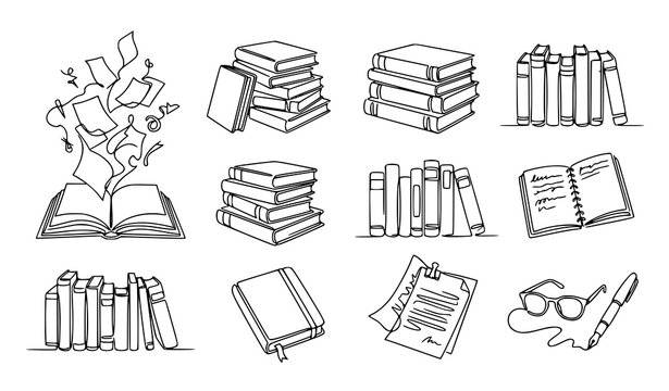 Hand drawn book and library sketch collection featuring stacked books notebooks glasses and reading accessories