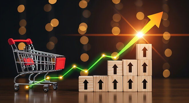 E-commerce growth chart rising from shopping cart. Online sales success with 3D financial data visualization and digital profit increase.