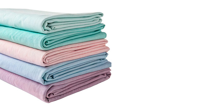 Stack of colorful folded cotton fabrics textile materials isolated on transparent background cut out
