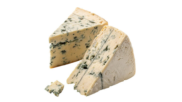 Gourmet French blue cheese pieces with detailed texture isolated on transparent background cut out