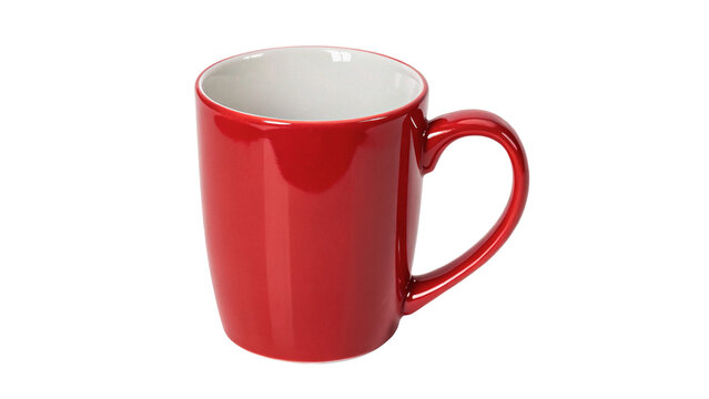 Classic glossy red ceramic coffee mug with handle isolated on transparent background cut out