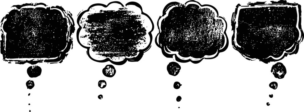 Hand drawn grunge speech bubbles set with thought clouds, sketch doodles for communication and dialogue