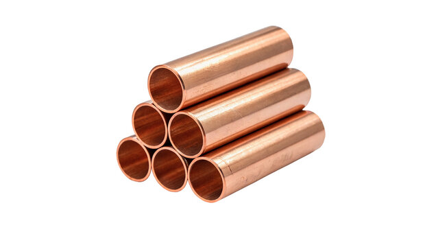 Stack of hollow industrial polished copper pipes tubes isolated on transparent background cut out