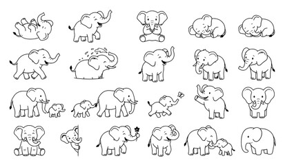 Cute elephant outline icon collection featuring baby elephants standing walking sitting and playful poses vector © Crafts Home