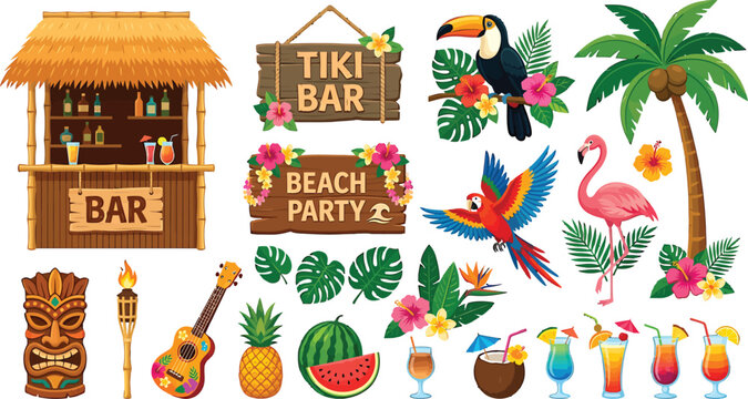 Tropical summer beach party elements with tiki bar hut palm tree flamingo and exotic cocktails vector set