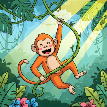 Happy Monkey Swinging in Jungle: A cartoonish, happy monkey with orange fur is joyfully swinging from a vine in a lush, sun-dappled jungle setting, surrounded by tropical leaves and flowers.