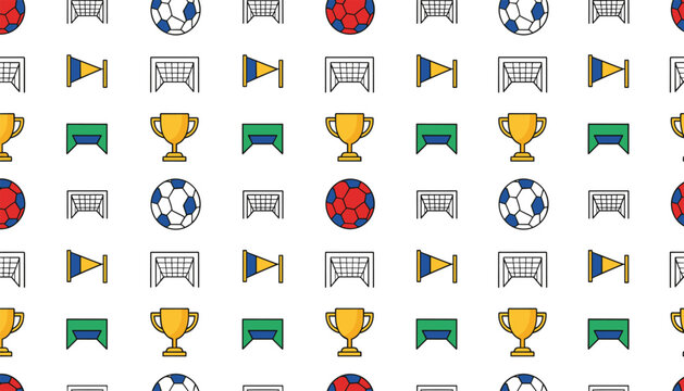 Soccer sports elements seamless pattern including footballs goals trophies and corner flags