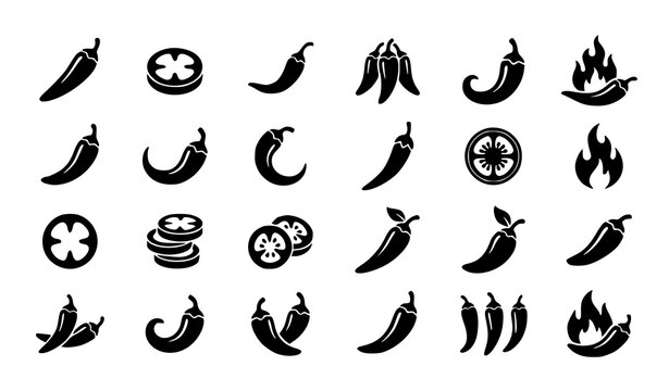 Chili pepper silhouette icon collection featuring spicy peppers flames slices and hot food symbols