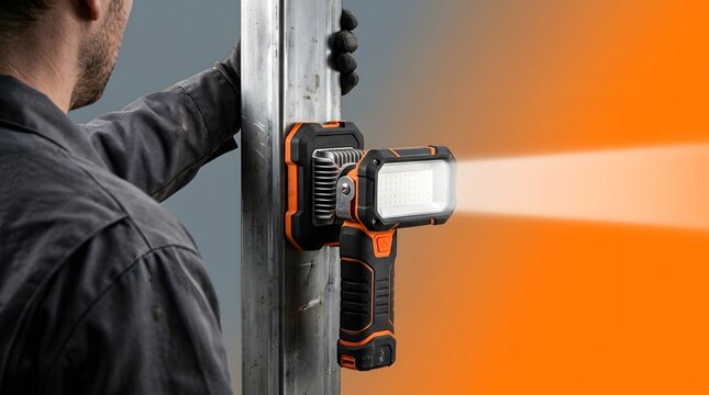 Portable LED work, light and magnetic base on metal pole for repair and construction. Professional worker, industrial flashlight and illumination in workshop with maintenance, tool and dark project