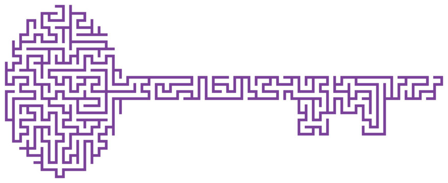 Purple key shape maze puzzle vector illustration with complex winding path.