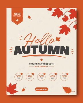Autumn sale promotional banner with falling maple leaves, seasonal discount offer, modern retail advertising flyer template for shopping campaign, ecommerce promotion and fall marketing concept
