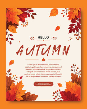 Autumn seasonal greeting banner with colorful maple leaves, fall foliage frame, modern nature inspired promotional flyer template for seasonal marketing, harvest celebration and shopping campaign 