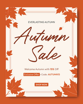 Autumn sale promotional banner with maple leaves border, seasonal discount offer, modern retail advertising flyer template for shopping campaign, ecommerce promotion and fall marketing concept