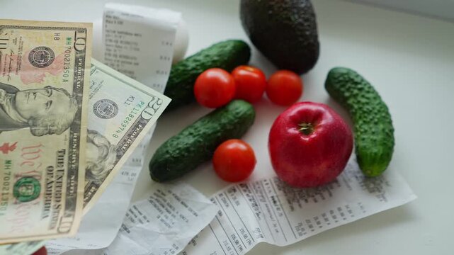 A food basket for people consisting of vegetables and produce. Economic crisis and inflation, devaluation of money