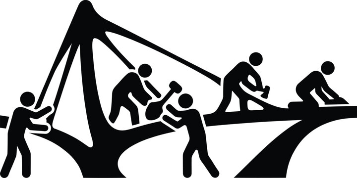 Silhouette illustration of construction workers building a modern bridge structure