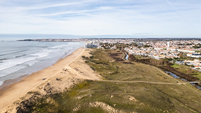 Aerial drone view of Saint Gilles Croix de Vie beach, France