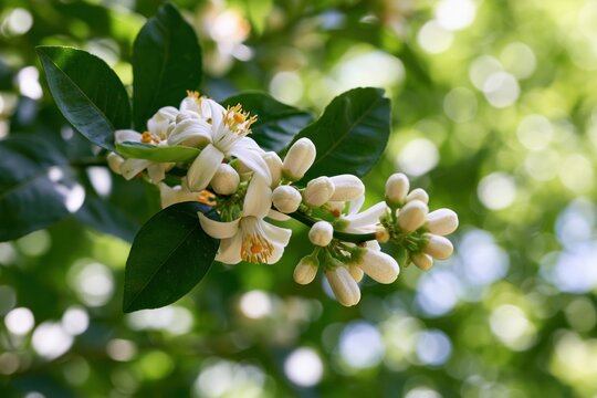 The White Blossoms on a Leafy Branch in Dappled Sunlight