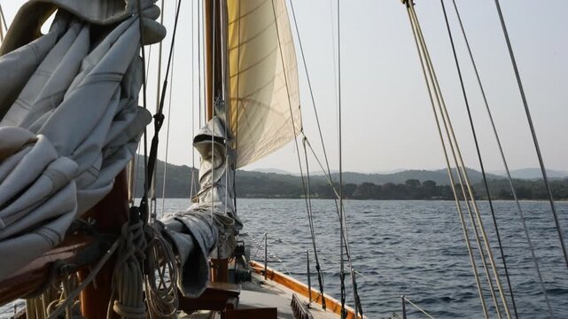 Classic Wooden Sailing Yacht Bow Gliding Along Mediterranean Coastline