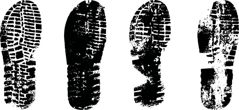 Four distinct black shoe sole prints in a row on white background, showing varied tread patterns and textures