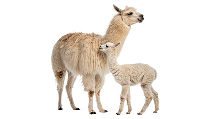 Adult llama animal with small cute baby calf standing together isolated on transparent background cut out © AAAstock2025