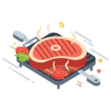 Grilled steak with vegetables on skillet - delicious meat cooking illustration