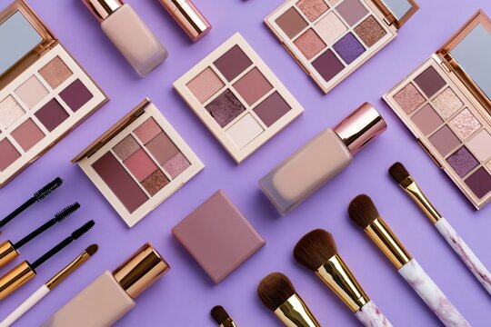 The Makeup Palette and Beauty Tools on Purple Background Studio Shot