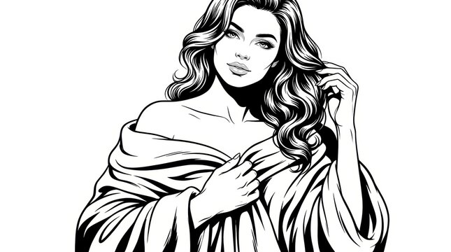 Black and White Scratchboard Illustration of Elegant Woman Wrapped in Plush Blanket &ndash; Luxury Fashion Portrait
