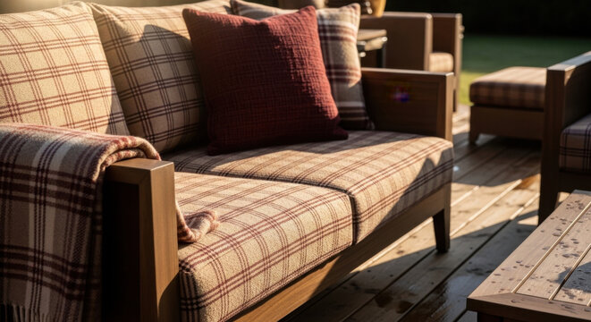 Cozy Outdoor Seating Area With Plaid Cushions And A Soft Blanket