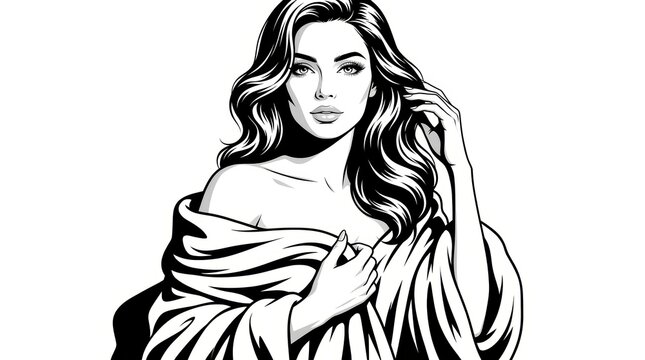Black and White Scratchboard Illustration of Elegant Woman Wrapped in Plush Blanket &ndash; Luxury Fashion Portrait